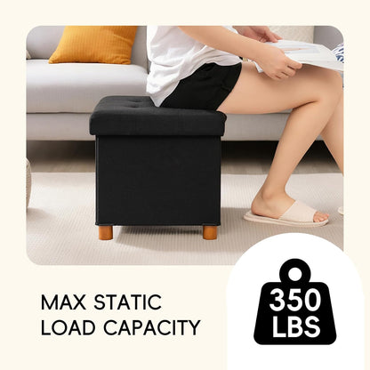 15" 15" 15"Black PINPLUS Storage Ottoman Cube, White Linen Footrest with Wooden Legs, Foldable Fabric Footrest