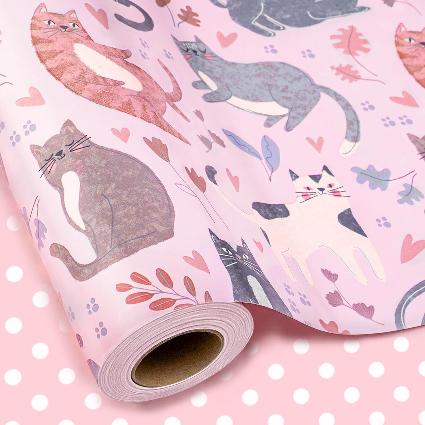 Burymento Reversible Cat Design Wrapping Paper Roll - Pink and white polka dot design on the other side, suitable for Valentine's Day, Birthday, Mother's Day, Wedding, Baby Shower