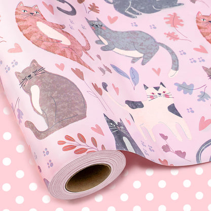 Burymento Reversible Cat Design Wrapping Paper Roll - Pink and white polka dot design on the other side, suitable for Valentine's Day, Birthday, Mother's Day, Wedding, Baby Shower