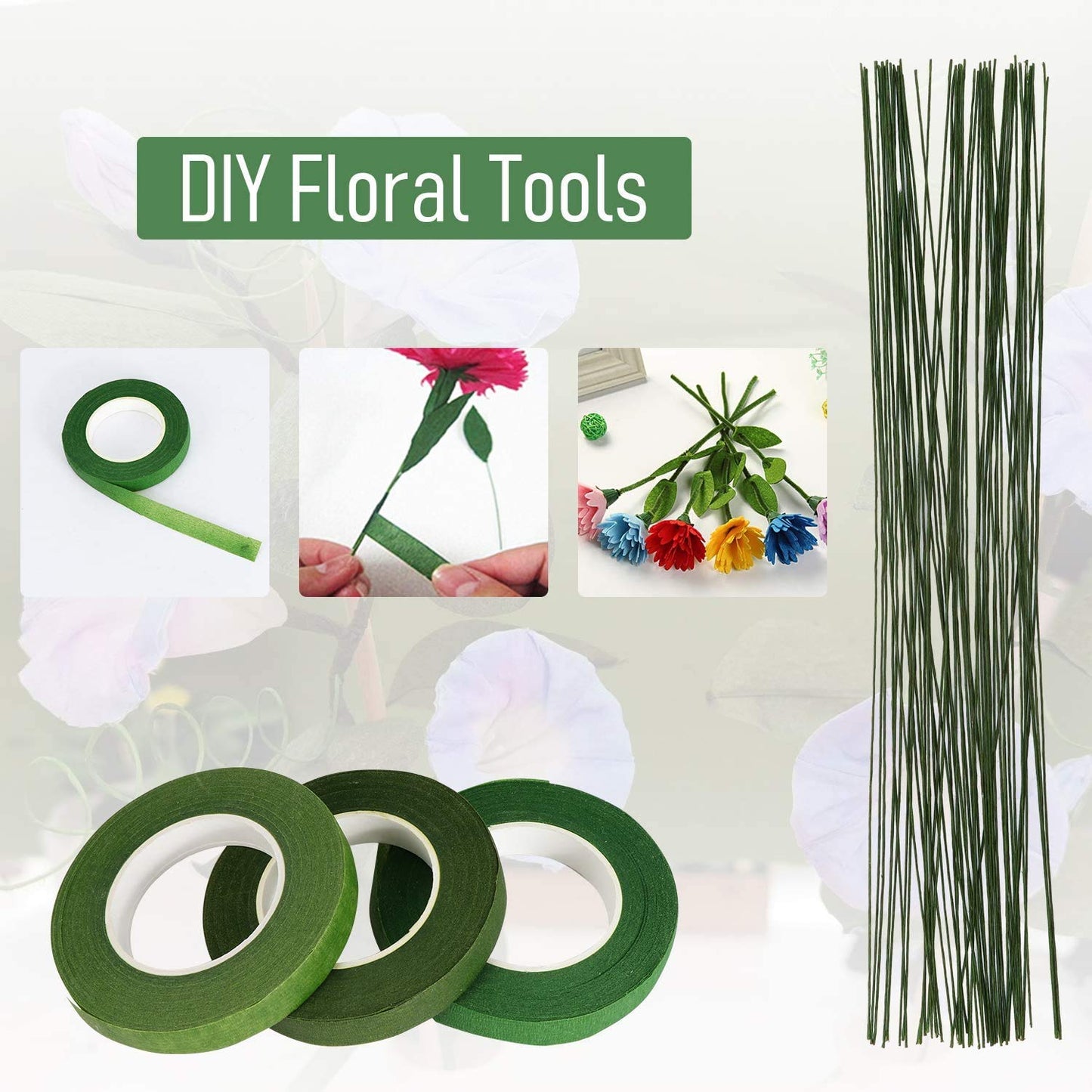 Floral Tape and Floral Wire Arrangement Tools Kit with 6 Rolls 1/2" Wide Floral, 18/22/26 Gauge Stem Wire and 22 Gauge Paddle Wire for Bouquet Stem Wrap Florist