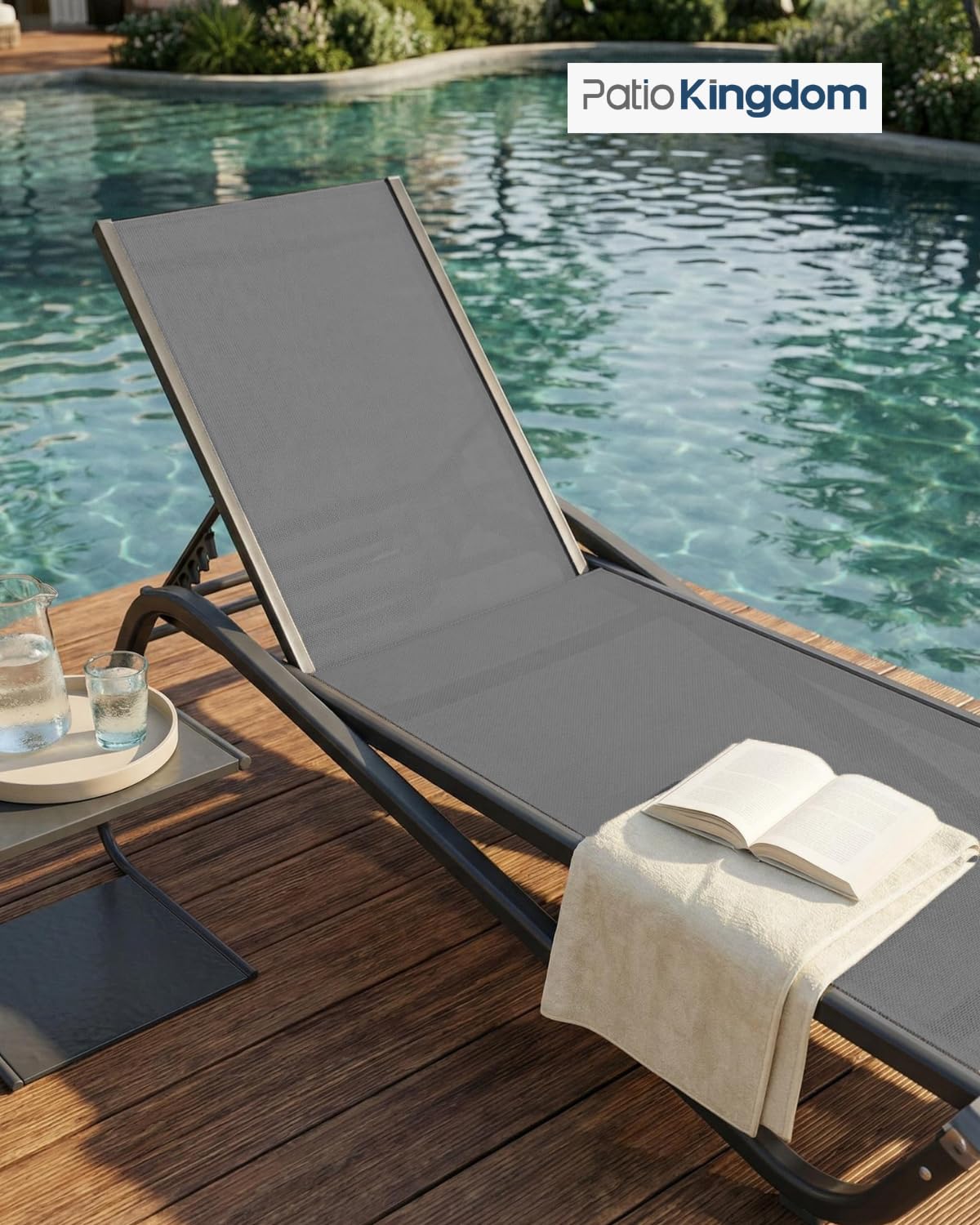 Patio Kingdom Patio Chaise Lounge Chairs Set of 6, All-Weather Aluminum Pool Loungers for Outside, 5-Position Adjustable Sunbathing Chairs for Tanning, Stackable for Backyard, Poolside, Grey