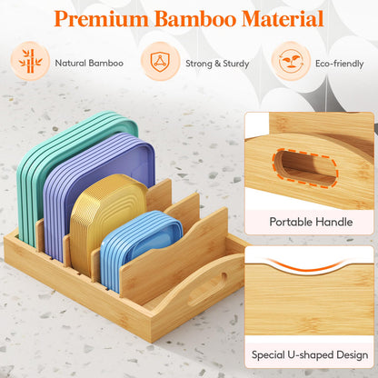 Lifewit Bamboo Lid Organizers for Inside Cabinet, Food Storage Container Lid Holder with 4 adjustable Inserts & 5 Sections, Kitchen Pantry organizer and storage, 10.6" X 8.3"