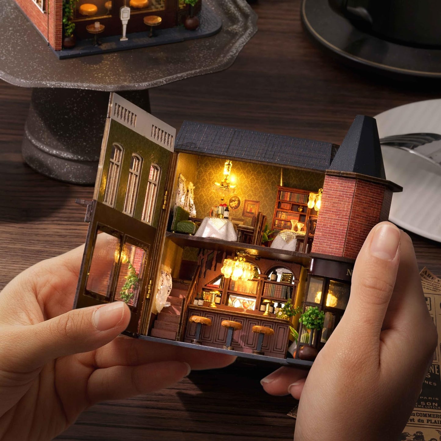 DIY Miniature House Kit, CUTEROOM Wooden Dollhouse Kit Mini House Making Kit with Furnitures, DIY Dollhouse Kit Birthday Gift (Garden Restaurant), D016-US