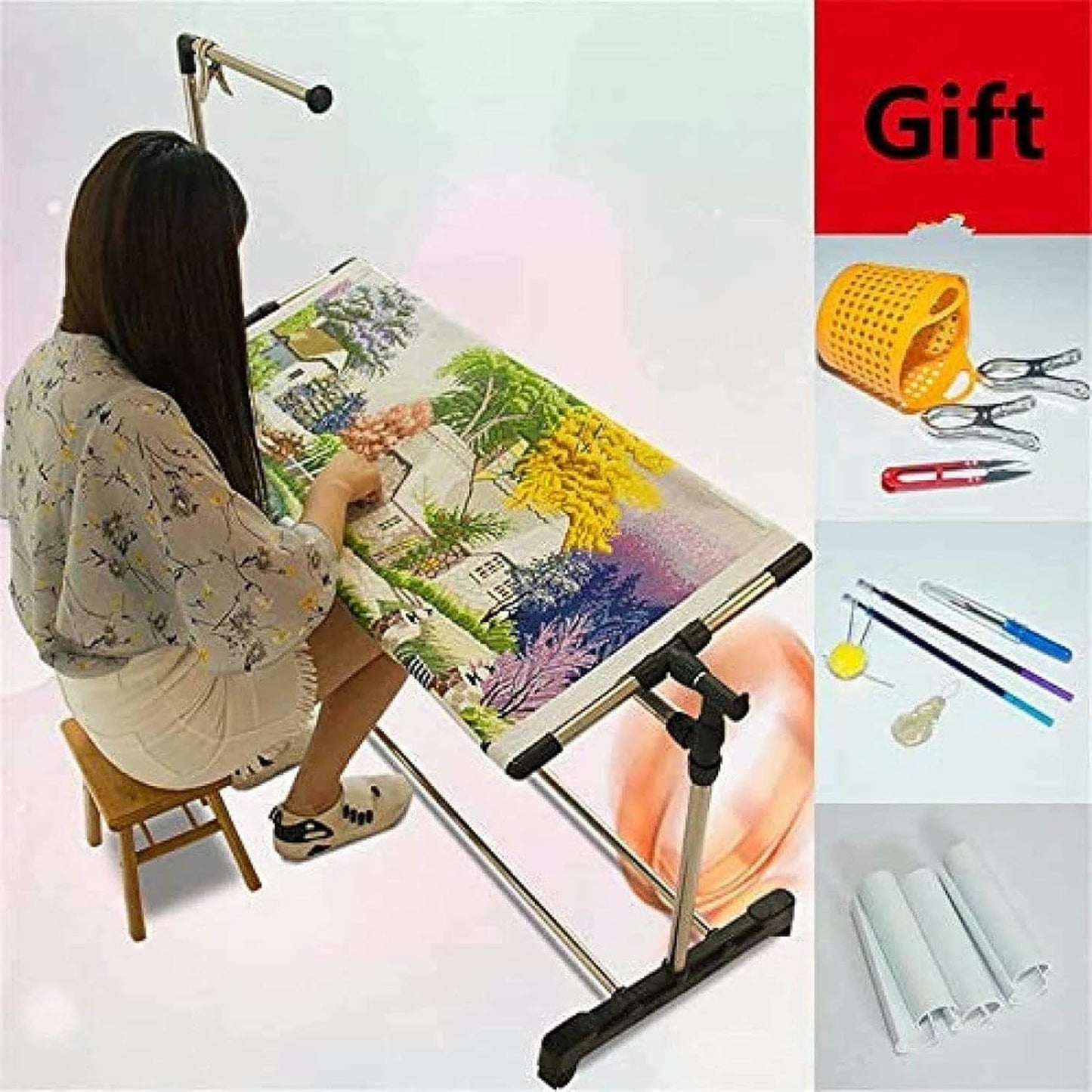 Adjustable Needlework Floor Frame for Cross Stitch and Embroidery, Standing Craft Stand and Lap Table for Sewing and Art, Convenient Holder for Creative Projects~/