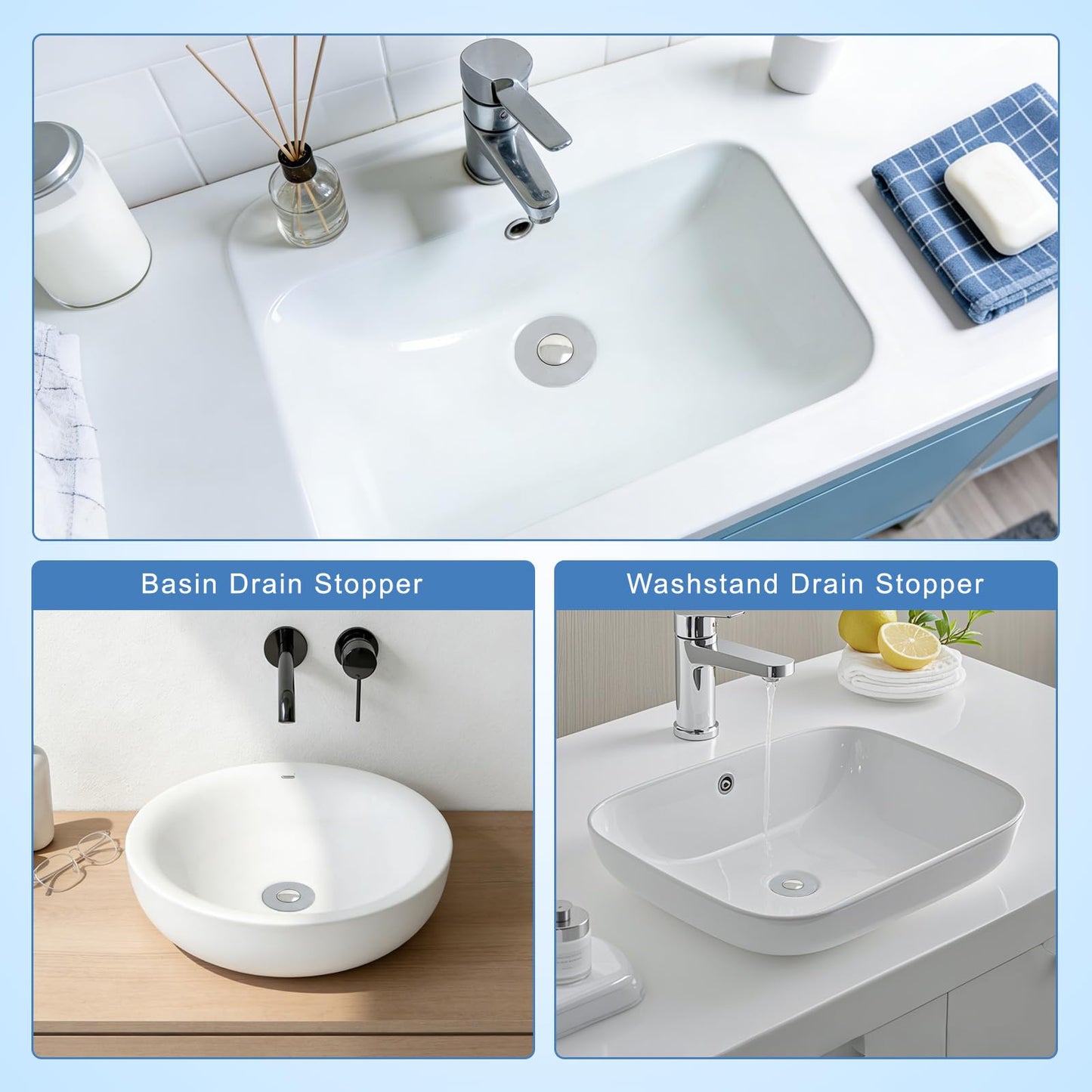 Upgraded 3 in 1 Bathroom Sink Drain Strainer, Universal Pop Up Stopper with Removable Stainless Steel Filter Basket Hair Catcher, Sink Plug for 1.1''~2.36'' Basin, Brushed Nickel Finish(2PC)