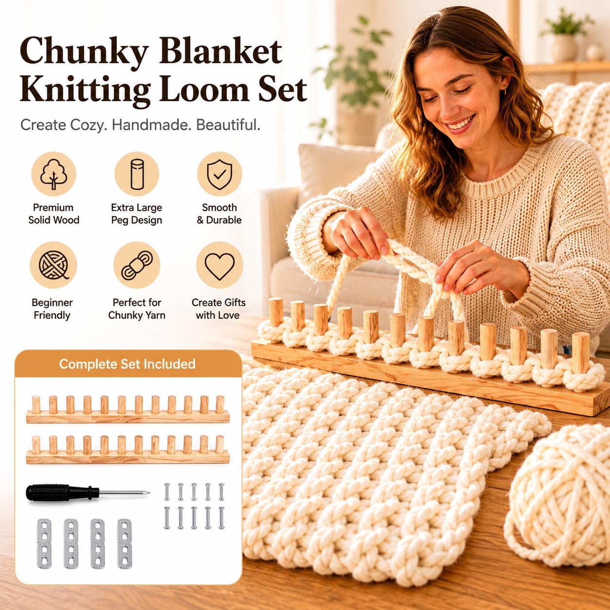 TopBoAoRAA 70'' Chunky Knitting Blanket Loom, Adjustable Wood Knit Loom with Detachable Modules, Portable Hand Weaving Loom Kit for Beginners, DIY Yarn Craft Tool for Home & Trave (70 inch)
