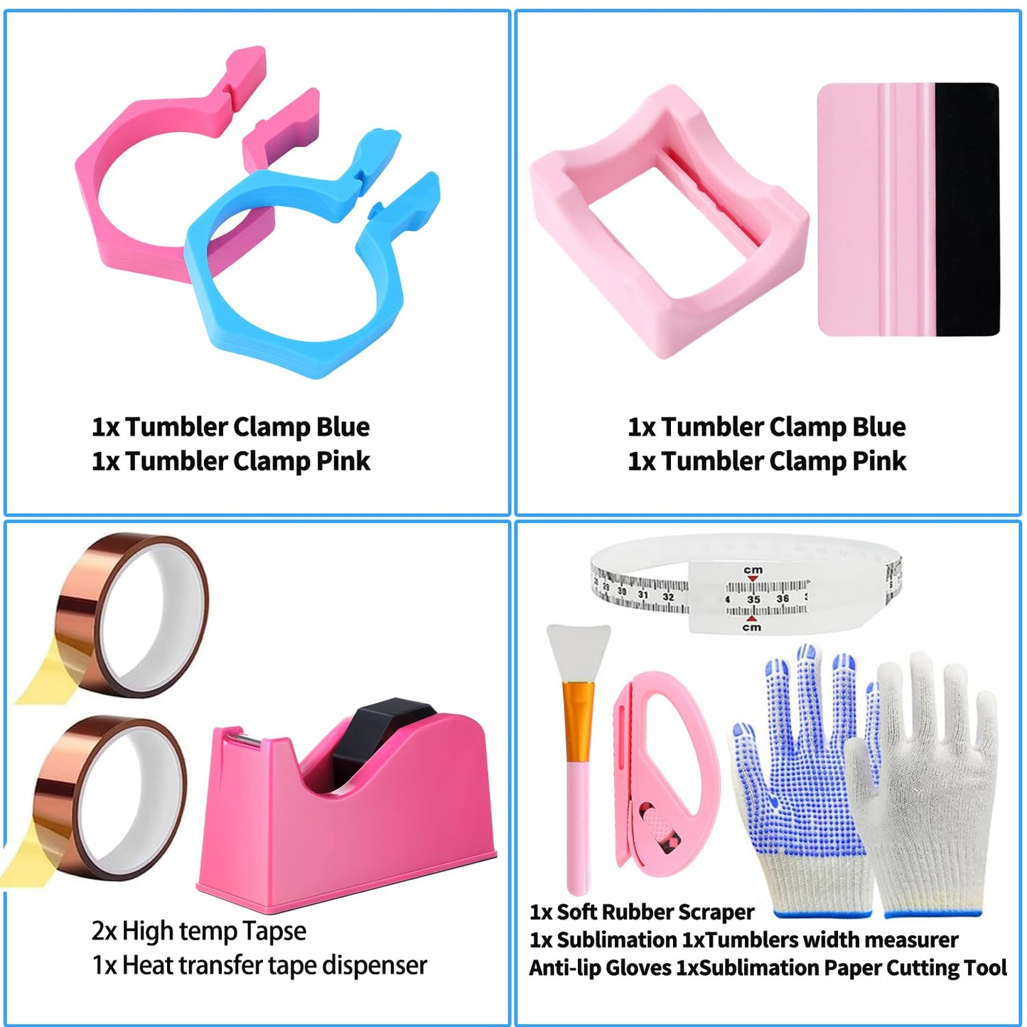 Sublimation Blanks Tumbler Clamp Tool Pink Kits for 20 Oz Sublimation Blanks, Heat Resistant Gloves, Heat Tape Sublimation, Heat Tape Dispenser Sublimation Kit, Tumbler Clamp Clamp Blue&Pink.