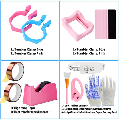Sublimation Blanks Tumbler Clamp Tool Pink Kits for 20 Oz Sublimation Blanks, Heat Resistant Gloves, Heat Tape Sublimation, Heat Tape Dispenser Sublimation Kit, Tumbler Clamp Clamp Blue&Pink.