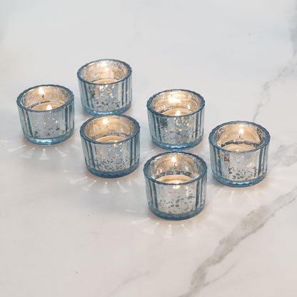 Round Clear Votive Candle Holders Set of 12, Purple Wedding Centerpiece Table Decorations, Mercury Glass Tealight Candle Holder for Bridal Shower, Baby Shower & Home Decor (Blue)