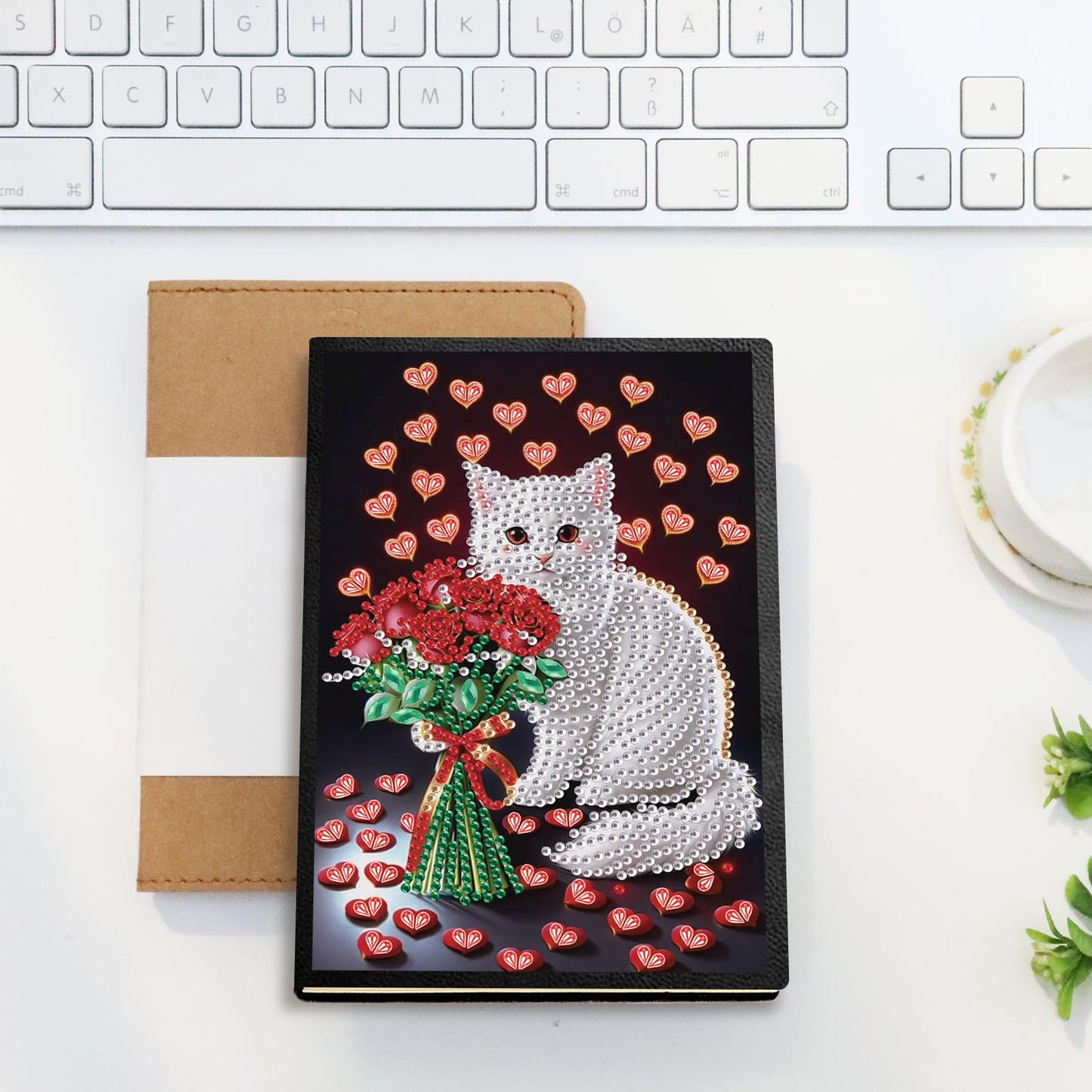 SHEGZHUC Diamond Painting Notebook Journal A5 Blank 14.5x21cm/5.7×8.26in Diamond Painting Composition Journaling Notebooks Notepad Sketchbook Diary Special Drills Girls Gifts || Cat Rose Heart Flowers