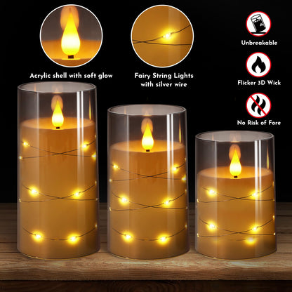 NURADA Flickering Flameless Candles: Built-in Star String Lights 3D Wick Acrylic Battery Operated LED Pillar Candles with Remote and Timer for Fall Halloween Christmas Home Decoration - 3 Pack Gray