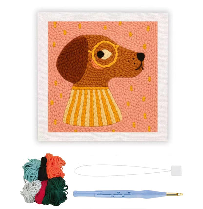 Beutthiar Punch Needle Embroidery Kit, Brown Dog Design, Starter Craft Set for Adults and Beginners, 25x25cm Frame, Stress Relief Gifts