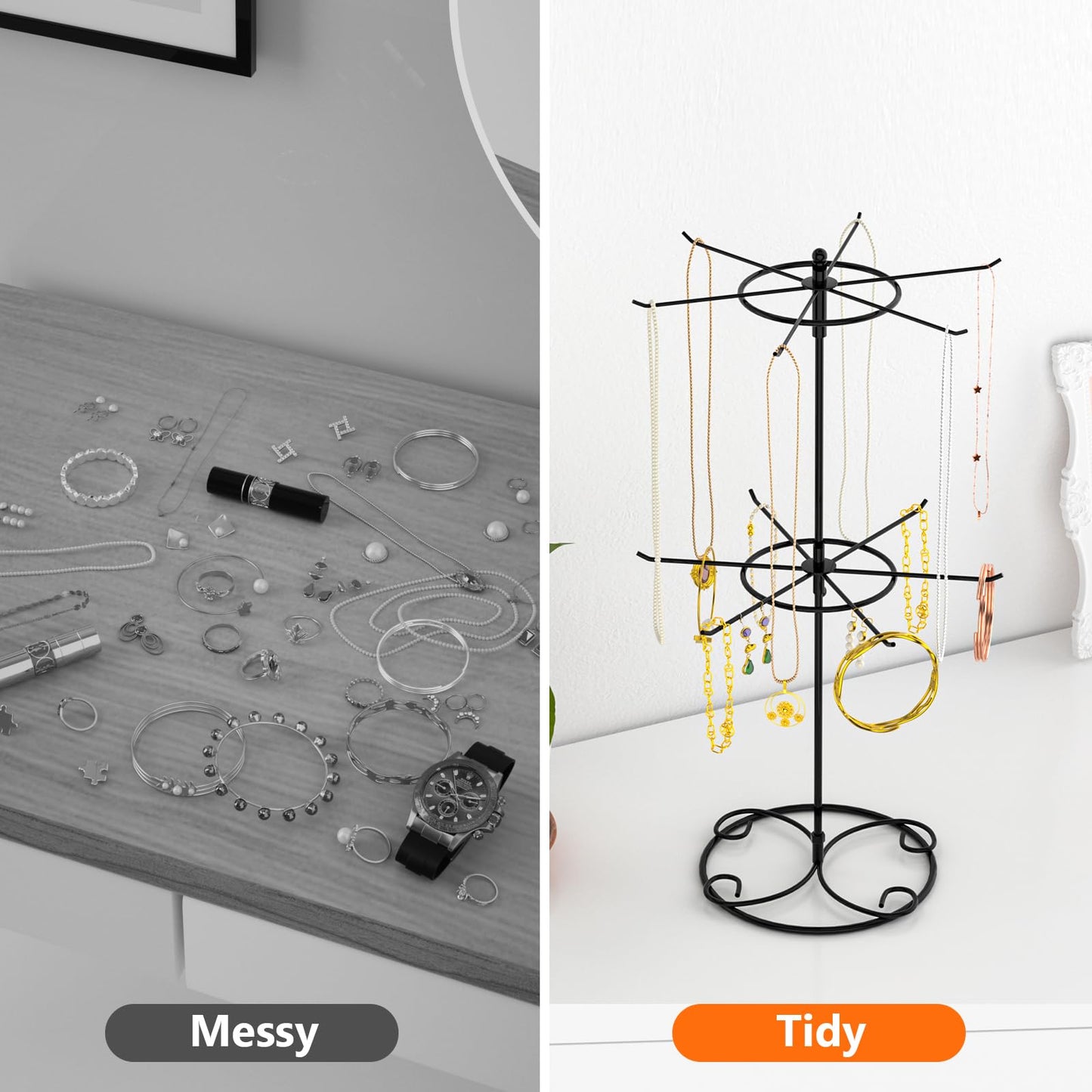 JHJFRAWY Jewelry Stand Organizer, 2-Tier Rotating Necklace Organizer, Spinning Jewelry Keychain Display Tree with 12 Hooks, Easy Assembly for Bedroom and Retail, Black