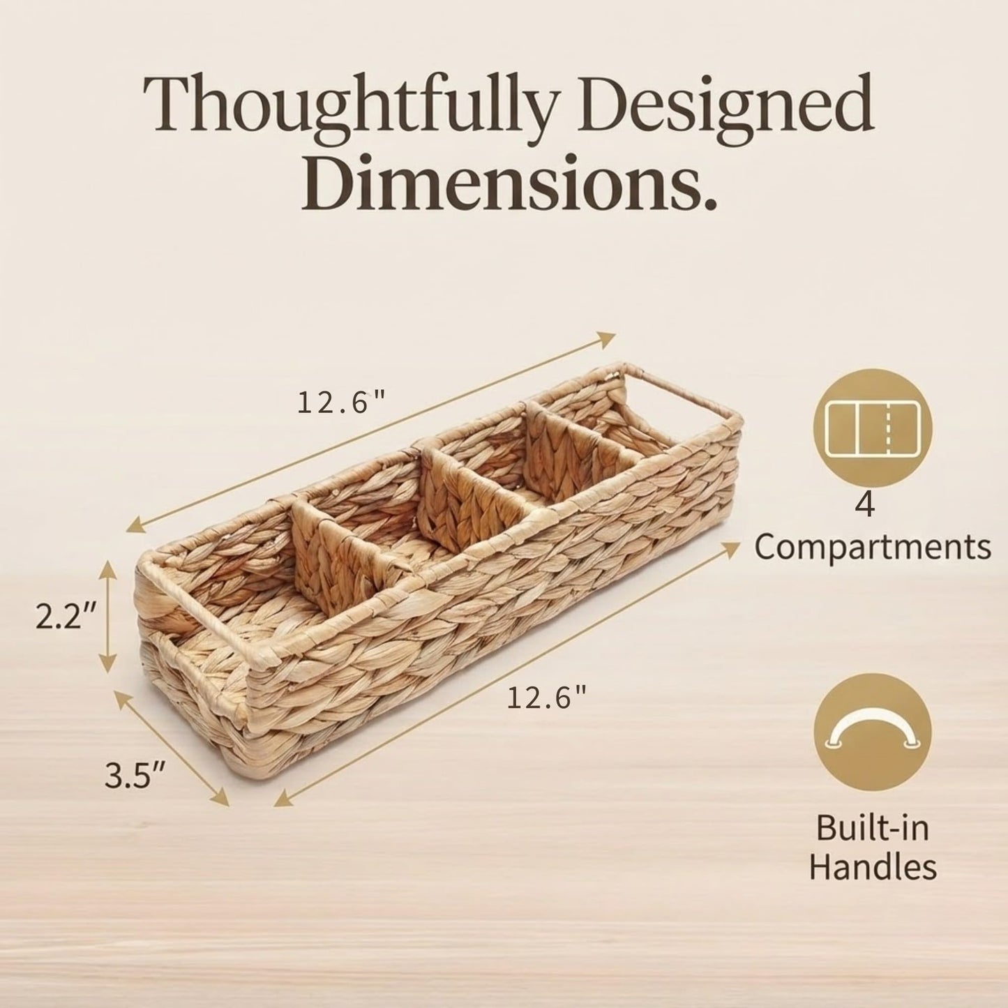 Tihoda Trovea Wicker Tea Organizer and Storage Box, 4-Compartment Water Hyacinth Tea Bag Holder for Tea Bar, Drawer, and Countertop Organization