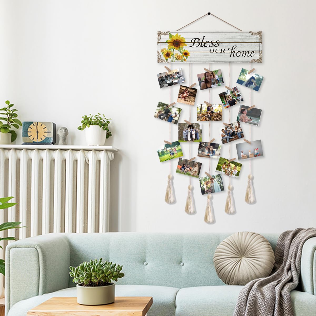 Gwisml Home Collage Picture Frames,Clip Photo Holders for Wall,Wooden Hanging Photo Display with 16 Clips 5 Strings,Bless Our Home Sign Wall Decor