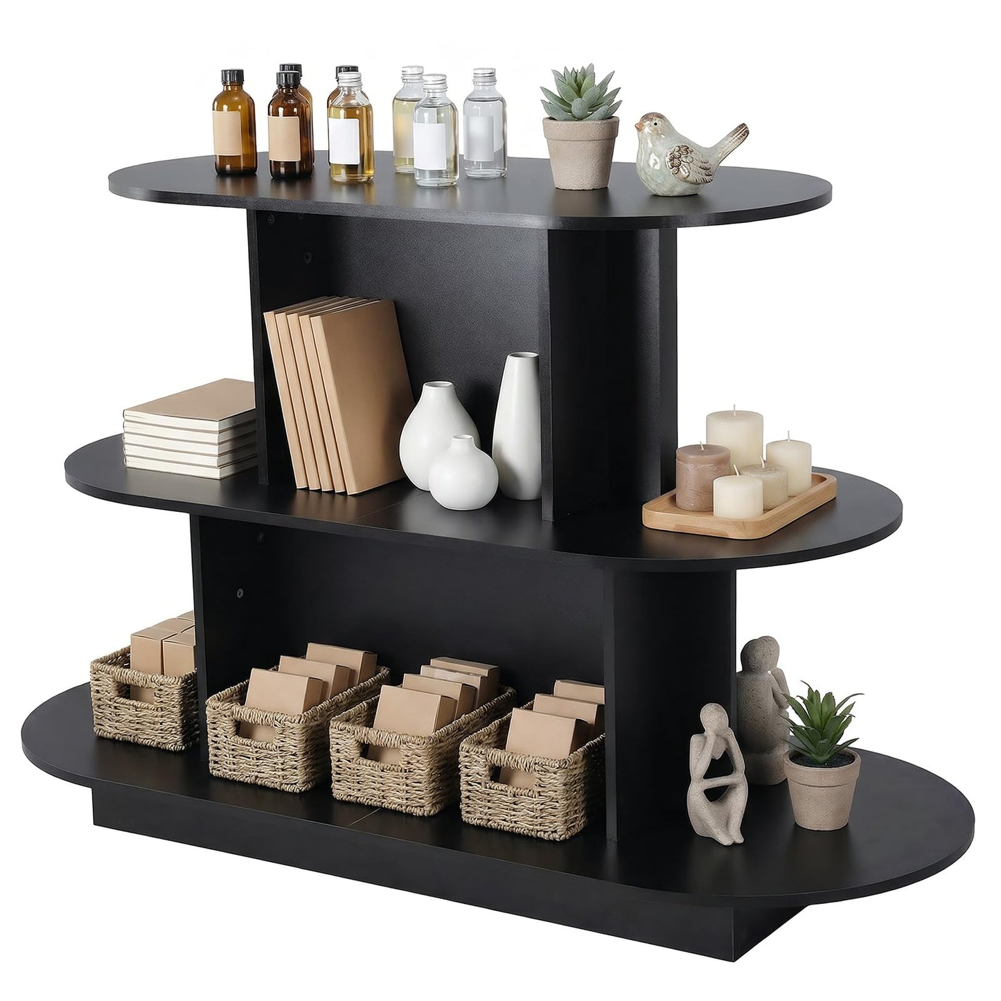 FASDRESS 3 Tier Wooden Oval Display Table Modern Standing Display Riser Shelf Retail Table for Stores Vendor Events 55in W x 23.6in D x 35in H (Black)