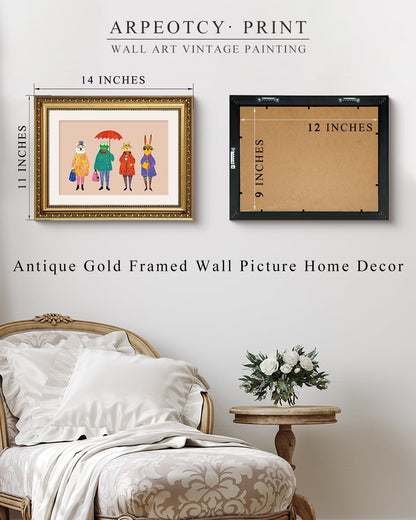 11x14 ARPEOTCY Framed Canvas Wall Art, Whimsical Animal Family Illustration, Storybook Style Wall Decor for Nursery