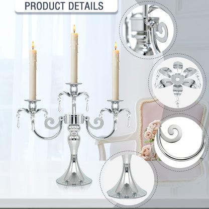 KEHAIL Metal 3 Arm Candelabra with Crystal Pendants - 11.8 Inch Tall Candle Holders, Set of 2 - Elegant Taper Candlestick Stand for Wedding, Dining Table, Christmas Party Home Decoration (2, Silver)