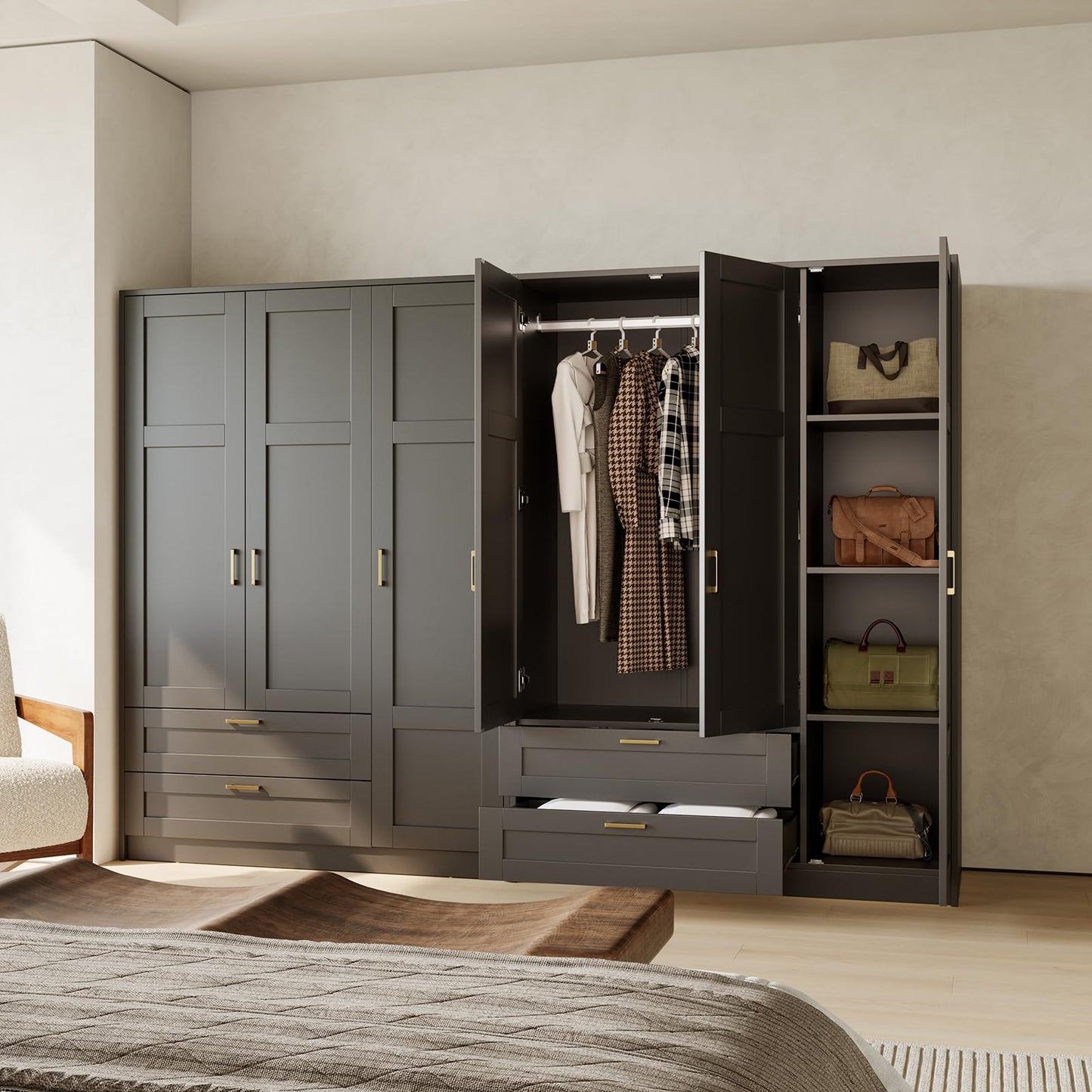 66" 3 Doors Wooden Wardrobe Closet Armoire with 2 Drawers & 3 Shelves, Wooden Wardrobe Closet with Hanging Rod, Bedroom Large Capacity Freestanding Armoire for Bedroom,Cloak Room,Entrance Hall, Black