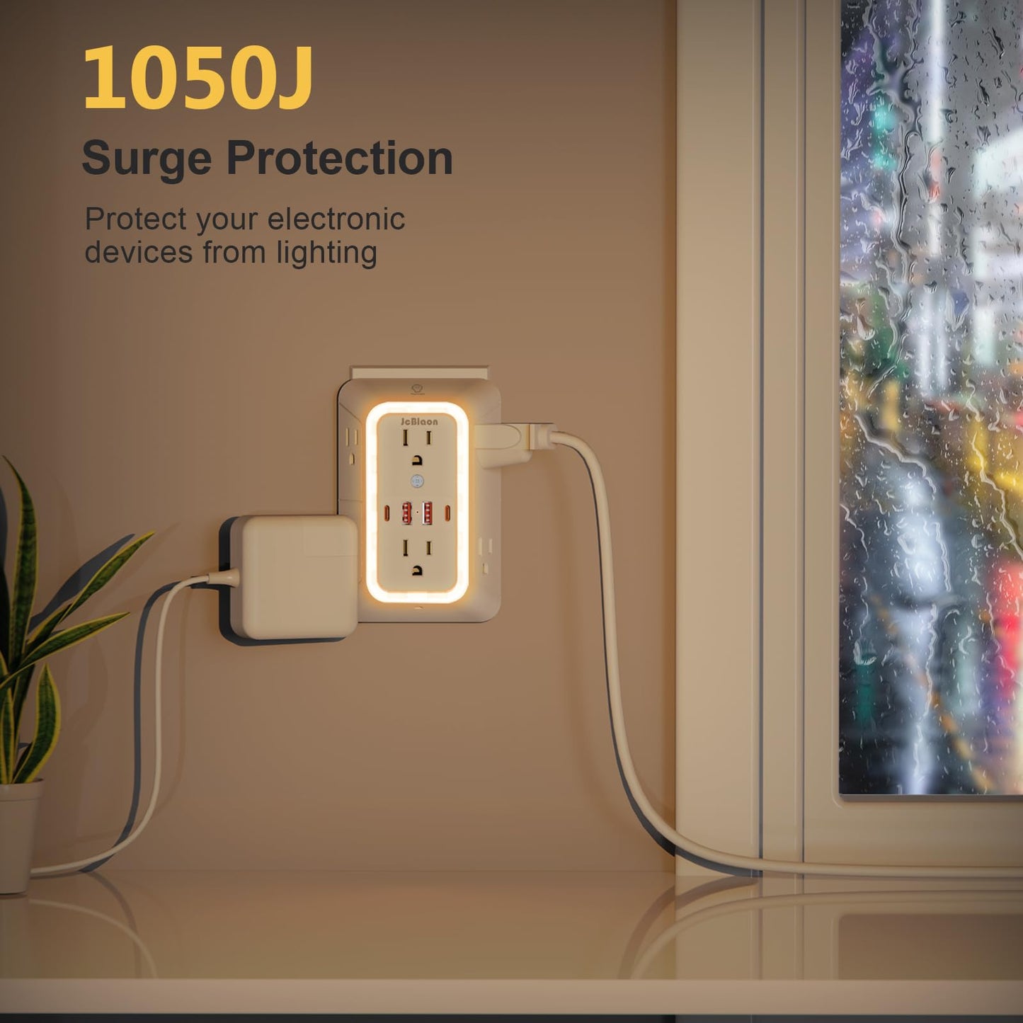 Wall Outlet Extender with Night Light, Power Plug Adapter 6 Outlet Extender with 4 USB Charging Ports 1050J Power Strip Multi Plug Adapter Spaced for Home Travel Office (2U2C)