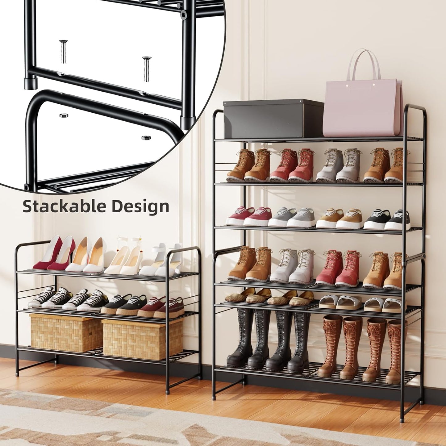 3-Tier Closet 33" SUFAUY Shoe Rack, Metal Wide Shoe Rack Organizer Heavy Duty, Stackable, Black