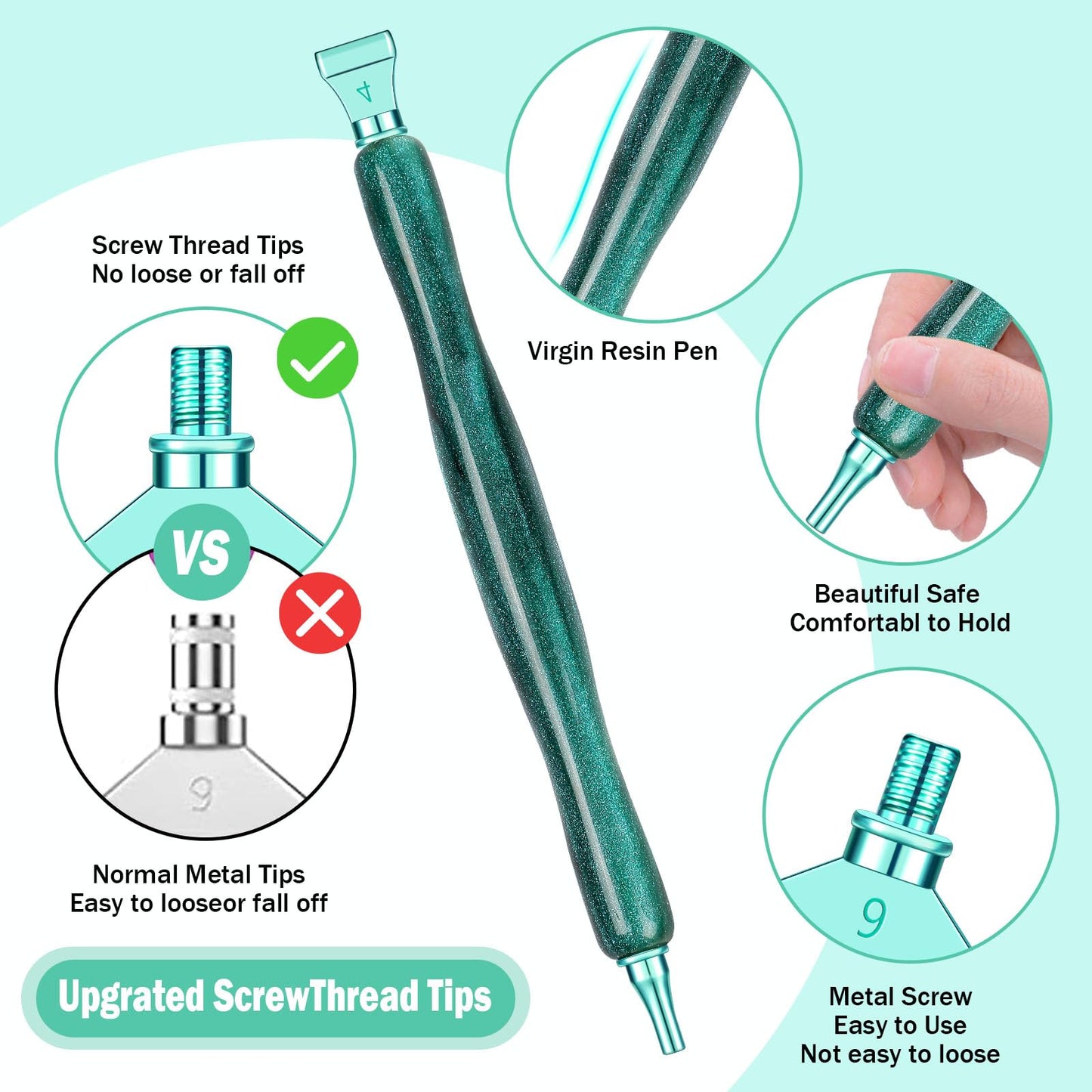 Snewvie Diamond Painting Pen Accessories Tools Set,3PCS Glitter Diamond Art Pen and 12Pcs Green Metal Screw Thread Multi Placer Tips,Resin Diamond Painting Drill Pens for DIY Diamond Art