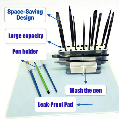 QIXIN Paintbrush Storage Set - Sturdy Organizer with Pen Tray & Leak-Proof Pad, Ideal for Artists, Hobbyists & Crafters (Rectangular)