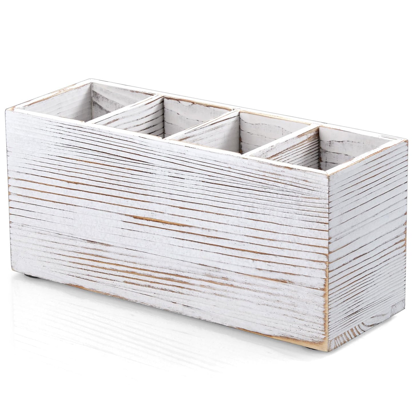 Pencil Pen Holder for Desk, White Washed Wood Office Desk Organizers and Accessories with 4 Slots for Countertop, Makeup Brush Holder Organizer for Bathroom Vanity, Silverware Caddy for Party