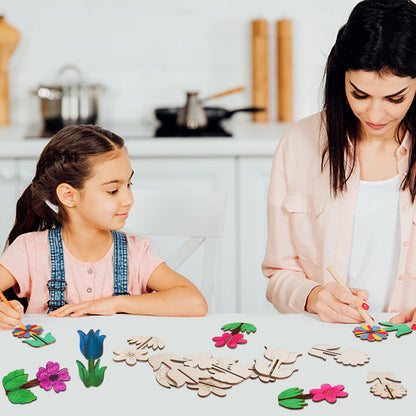 BENIMUS DIY 3D Flower Spring Wood Crafts to Paint, Spring Unfinished Wooden Slices for Craft, Flowers Ornaments for Painting Decorations (32 PCS)