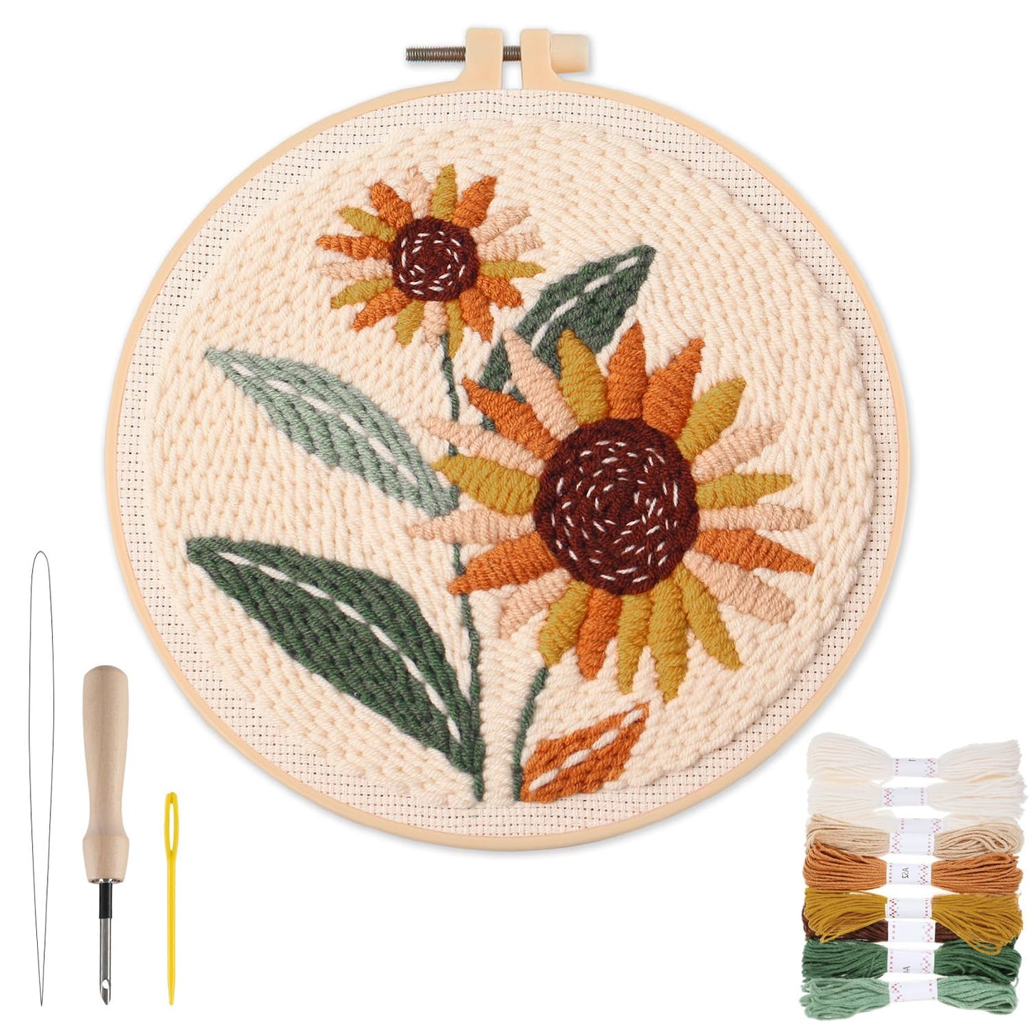 Punch Needle Kit Adults Beginner- Step-by-Step Guide & Video, Including Punch Needle Fabric with Pattern/Hoop/Needle/Yarns, Spring Embroidery Craft Kits, Easy Hobby Gifts for Women, Sunflower