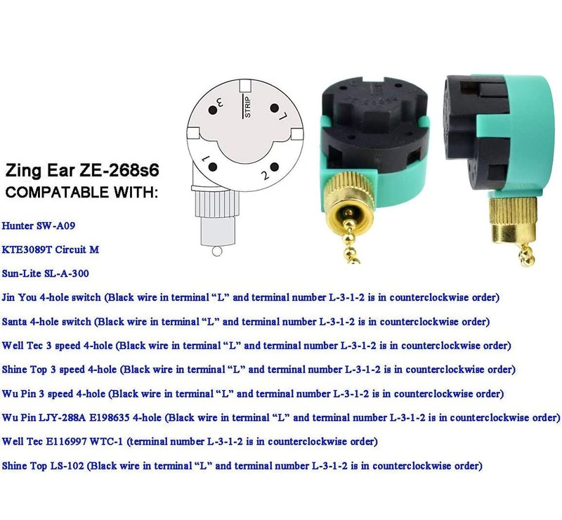 Akahttbn Ceiling Fan Switch Zing Ear ZE-268S6, 3 Speed 4 Wire Speed Control Pull Chain Cord Appliances Switch Replacement Parts Compatible with Hunter Ceiling Fans Wall Lamps (Bronze)