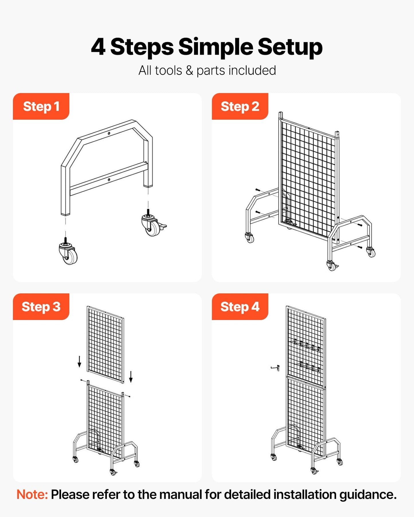 VEVOR Grid Wall Panel, 1.9 x 5.4 ft Wire Grid Panels Display Rack, Movable Art Display Shelf with Wheels and 10 Hooks, Black Carbon Steel Gridwall for Craft Show, Decoration, Storage, Notice Board