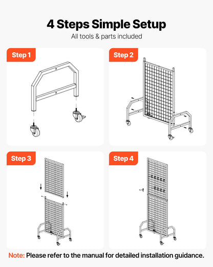 VEVOR Grid Wall Panel, 1.9 x 5.4 ft Wire Grid Panels Display Rack, Movable Art Display Shelf with Wheels and 10 Hooks, Black Carbon Steel Gridwall for Craft Show, Decoration, Storage, Notice Board