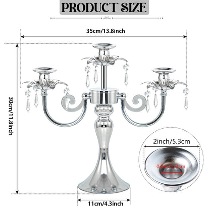 KEHAIL Metal 3 Arm Candelabra with Crystal Pendants - 11.8 Inch Tall Candle Holders, Set of 2 - Elegant Taper Candlestick Stand for Wedding, Dining Table, Christmas Party Home Decoration (2, Silver)