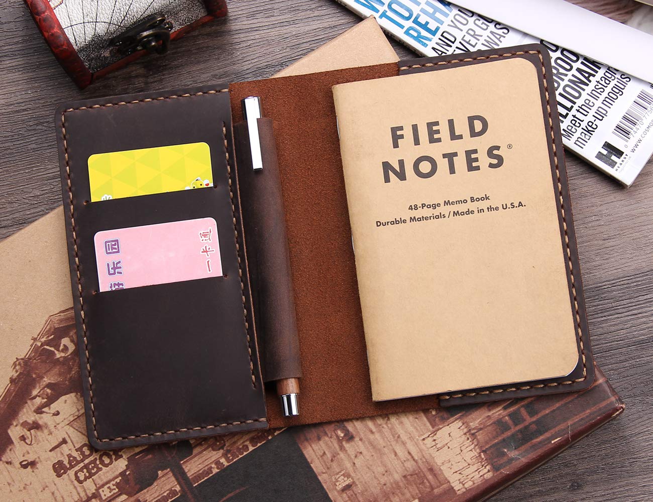 Leather Notebook Cover for Field Notes, Handmade Journal Cover for Moleskine Cahier Journal, Leather Cover with Pen Holder fits 3.5" x 5.5" Pocket Notebook - Coffee