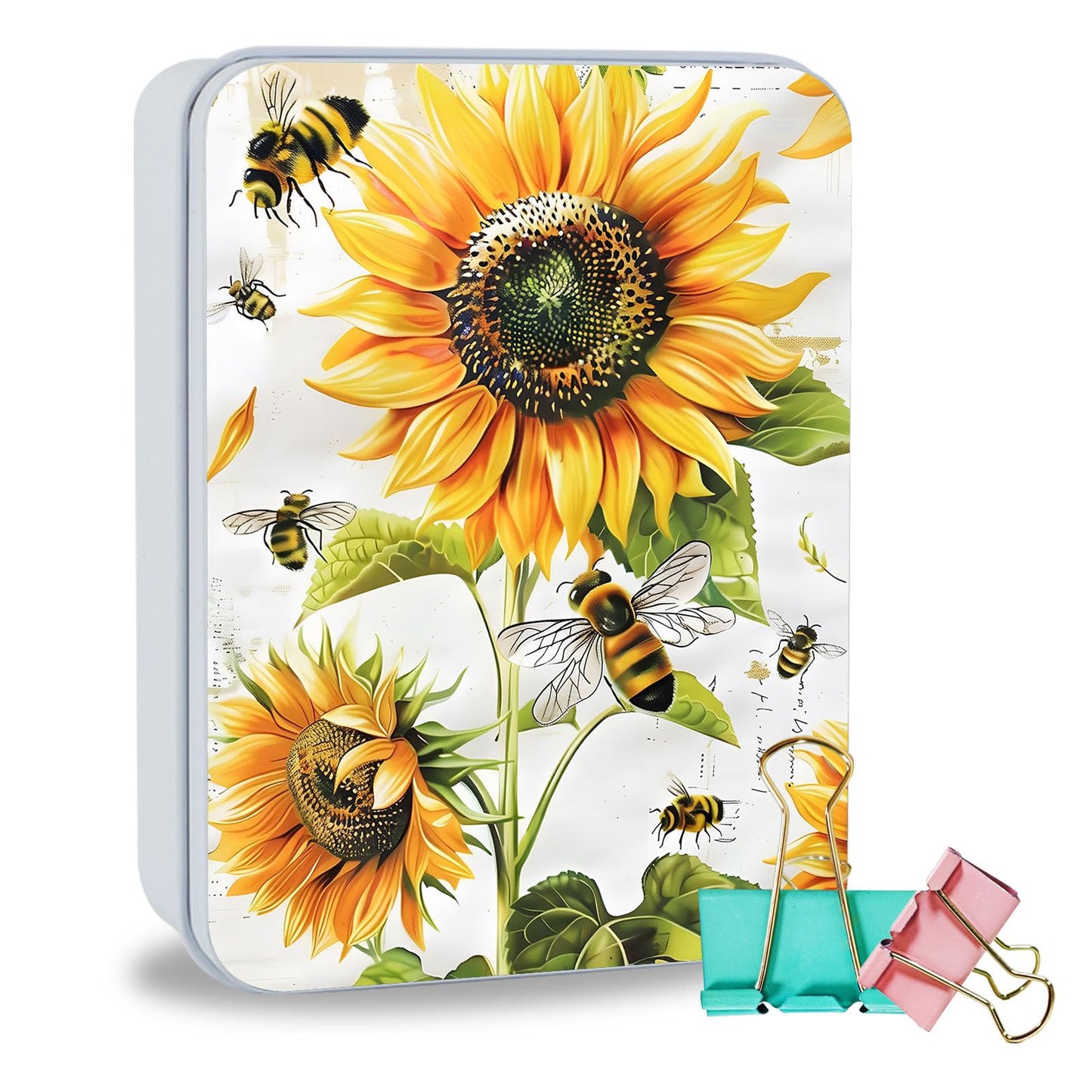 ETLKJVBL Metal Tin Box Sturdy Metal Storage Box with Lid, Large Container Holder for TCG Cards,Car Keys,Cookies,Tin Containers for Gift,5.0x3.7x1.6 Inch,Exquisite Pattern Design(Bee Sunflowers)