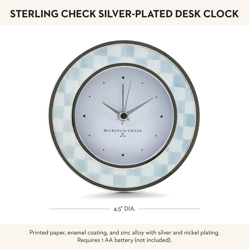 MACKENZIE-CHILDS Silver-Plated Round Desk Clock, Decorative Clock for Living Room, Kitchen, or Office, Gray-and-White Sterling Check