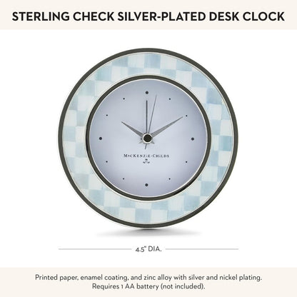 MACKENZIE-CHILDS Silver-Plated Round Desk Clock, Decorative Clock for Living Room, Kitchen, or Office, Gray-and-White Sterling Check