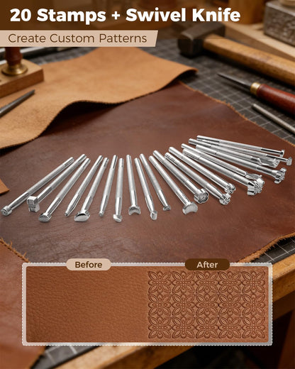 SakerNeo Leather Working Tools - 101pcs Stainless Steel & Wood Handle Sewing kit with 4mm Stitching chisels (1/2/4/6), 18 Waxed Thread, Hole Punch & Stamping Tools for DIY Wallet Belt Bag Repair