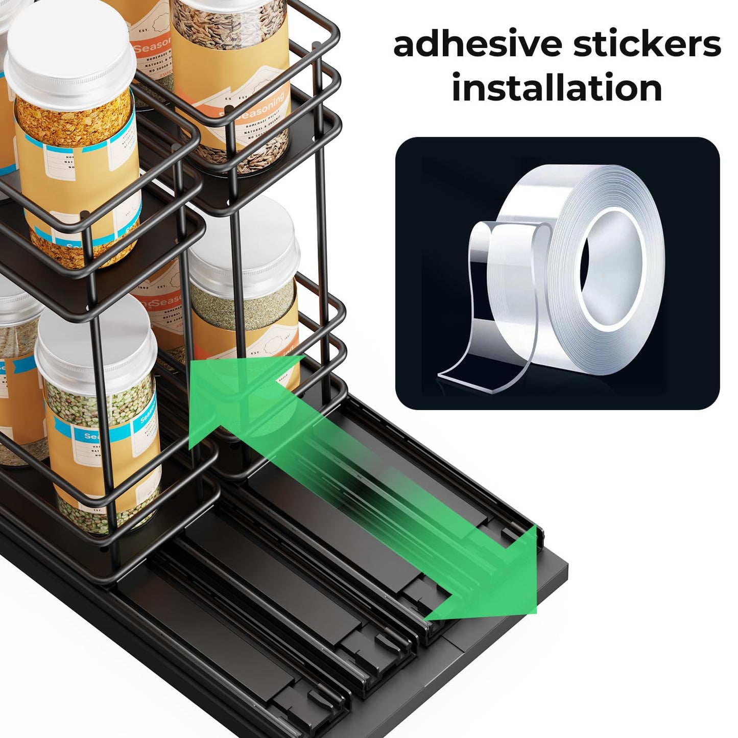 Pull Out Spice Rack Organizer for Cabinet, Slide Out Spice Racks, Easy to Install, 2.1''Wx10.35''Dx8.26''H, 3 Drawers 2 Tiers(Black)
