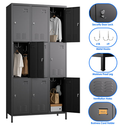 METAN Metal Locker for School Office Gym Bedroom,9 Doors Black Steel Storage Locker Cabinet for Employees, Industrial Storage Locker, Assembly Required (9 Door-Black)