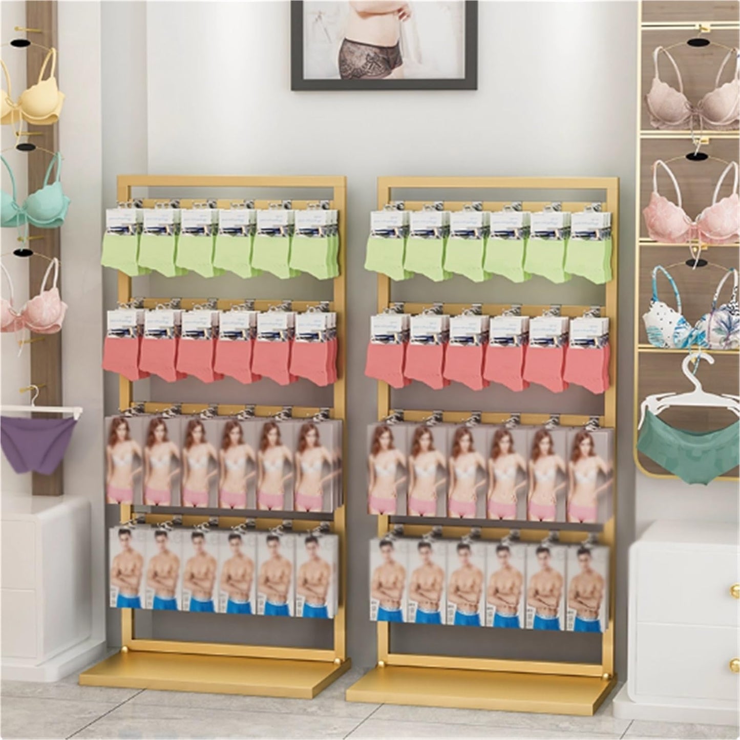Underwear Display Stands, Metals, Freestanding Clothing Store Boutiques Retail Lingerie Garment Rack, Commercial Shelves, for Socks Bra Panties Scarves, 4 Layer(White)