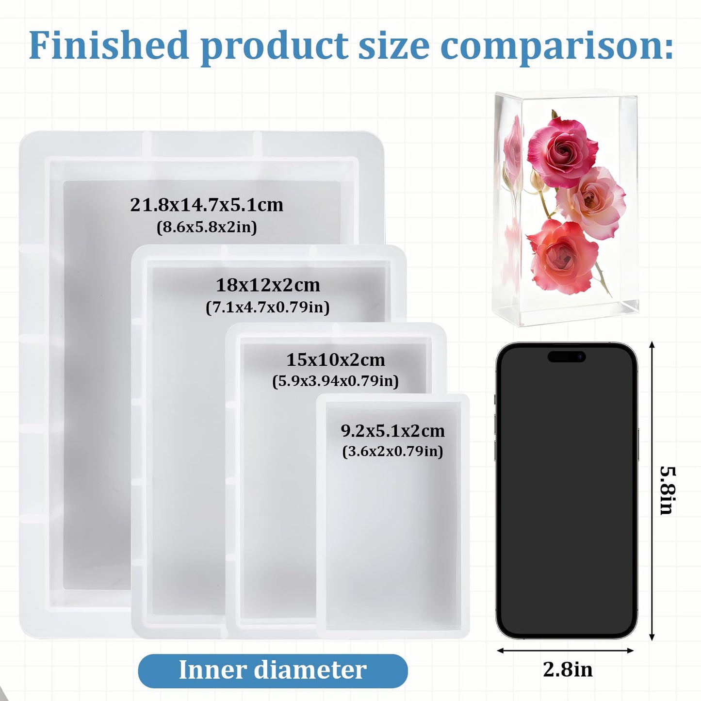 Large Rectangular Resin Molds 4PCS Epoxy Resin Casting Craft Mold Crystal Deep Casting Epoxy Mold for Flower Preservation Bookends DIY Art Home Décor, DIY Wedding Bouquets
