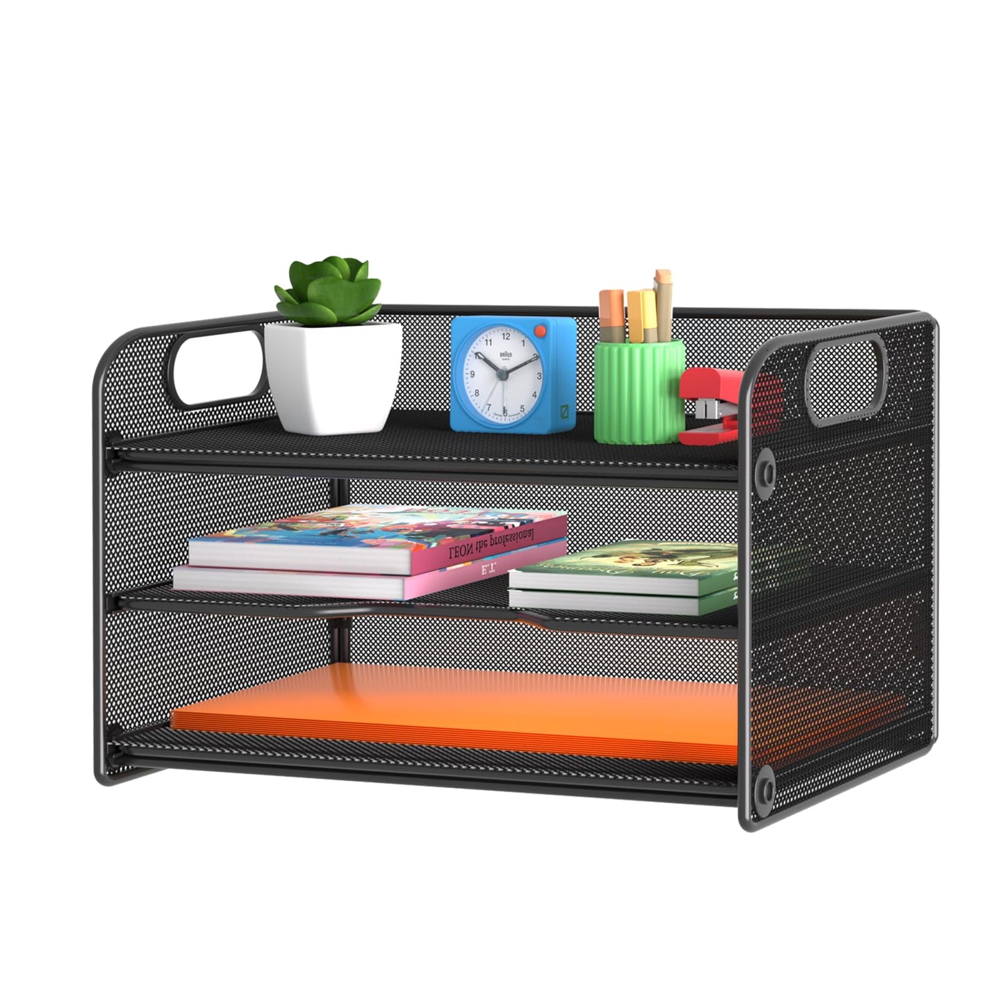 Samstar 3 Tier Letter Tray Paper Organizer with Handle, Mesh Desk Organizer Paper Sorter File Rack Shelves, Black