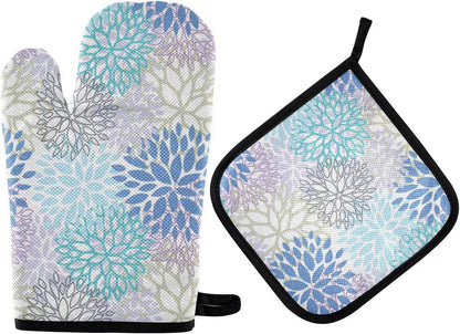 Dahlia Flower Oven Mitts and Pot Holders Set, Heat Resistant Non-Slip Daisy Sunflower Oven Gloves for Cooking Baking BBQ