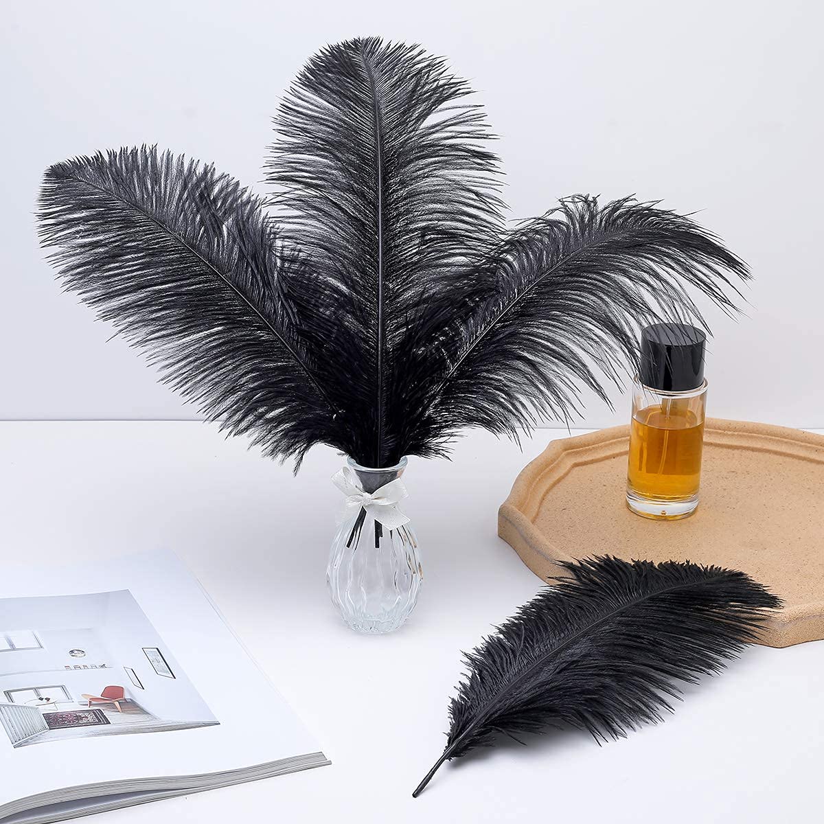 Ballinger 8-12inch 4 Styles 24Pcs Assorted Pheasant Feathers and 24 Pcs 10-12inch Black Ostrich Feaathers for Crafting Vase Hat Wedding Autumn Party Decor