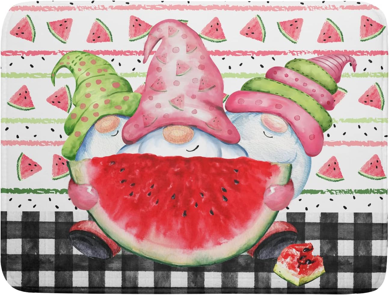 Summer Gnomes Dish Drying Mat 18x24 Inch, Watermelon Fruit Buffalo Plaid Absorbent Kitchen Dry Mats for Sink