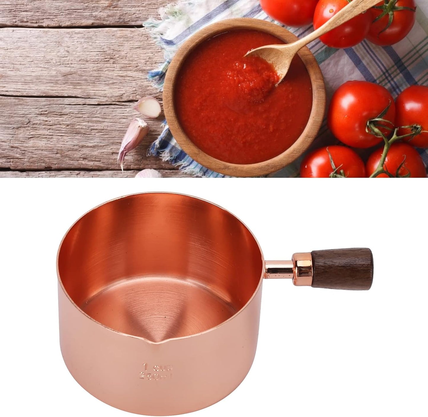 Sauce Pan with Wooden Handle, Rose Gold Stainless Steel Cooking Pot, 1.3 Cup Capacity