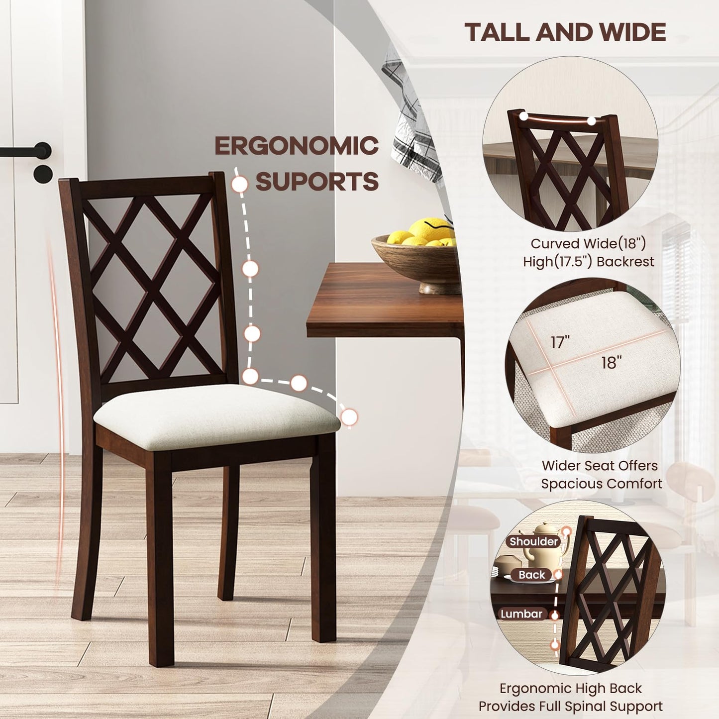 NAFORT Wooden Dining Chairs Set of 6, High Back Kitchen Chairs, Vintage Dining Room Chairs with Cushioned Seat, Solid Rubber Wood Legs, Max Load 400 Lbs, for Kitchen, Dining Room, Cafe, Restaurant