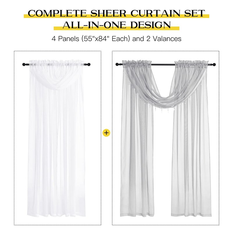 NICETOWN Sheer Curtain Elegant Voile Curtains for Living Room/Nursery, Victorian Drapes Rod Pocket, Light Grey & White